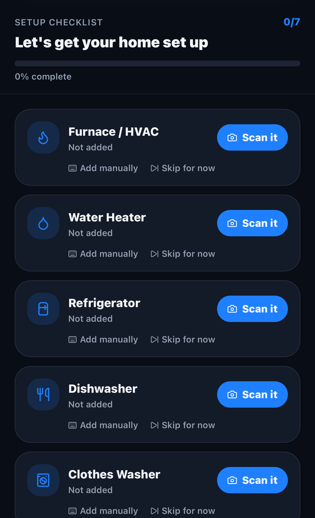 The setup checklist, listing the appliances in a home with a scan button beside each one
